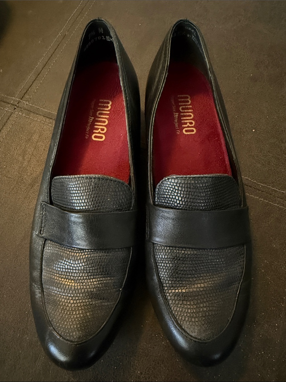 Munro Black Leather Textured Vamp Slip-Ons